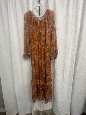 Kate & Sam Maxi Dress Size L Orange Floral Long Sleeve Tiered Chiffon